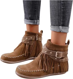 Boho Boots for Women Casual Fringe Suede Wide Round Toe Ankle Boots Tassel Vintage Short Booties Side Zip Flat Fall Winter Boots Non Slip Mid Calf Boots
