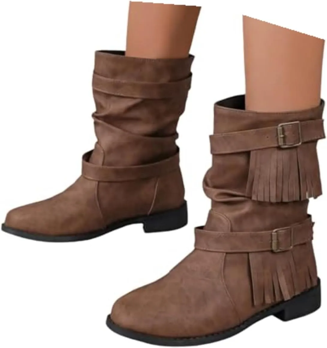 Boho Boots for Women Casual Tassel Fringe Suede Round Toe Ankle Booties Fashion Bohemian Slip On Flats Anti Skid Vintage Mid Calf Short Dress Boots