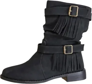 Boho Boots for Women Casual Tassel Fringe Suede Round Toe Ankle Booties Fashion Bohemian Slip On Flats Anti Skid Vintage Mid Calf Short Dress Boots
