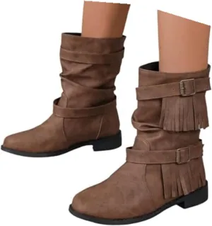 Boho Boots for Women Casual Tassel Fringe Suede Round Toe Ankle Booties Fashion Bohemian Slip On Flats Anti Skid Vintage Mid Calf Short Dress Boots