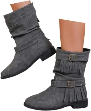 Boho Boots for Women Casual Tassel Fringe Suede Round Toe Ankle Booties Fashion Bohemian Slip On Flats Anti Skid Vintage Mid Calf Short Dress Boots
