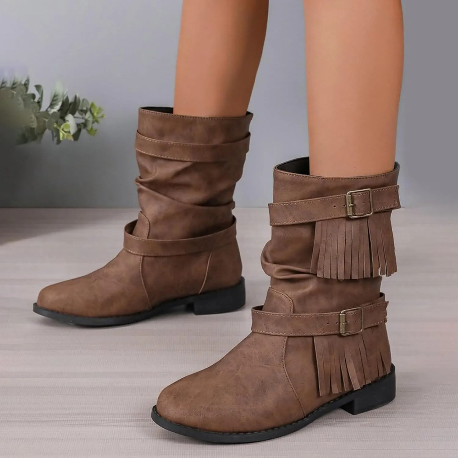 Boho Boots for Women Casual Tassel Fringe Suede Round Toe Ankle Booties Fashion Bohemian Slip On Flats Anti Skid Vintage Mid Calf Short Dress Boots