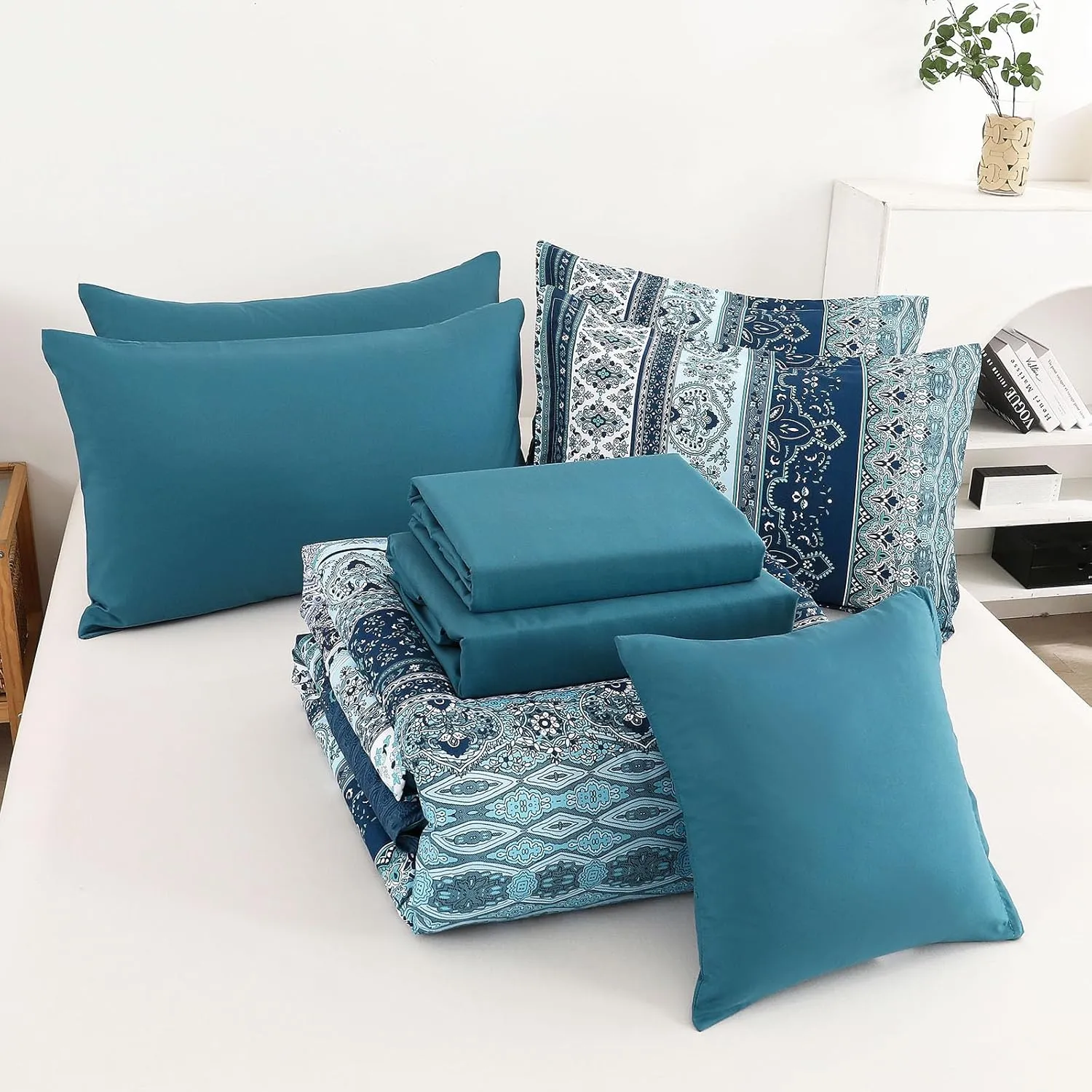 Boho Full Size Comforter Set 8 Pieces, Teal Blue Comforter Bohemian Striped Bed in A Bag, Soft Microfiber Bedding Set for All Seasons