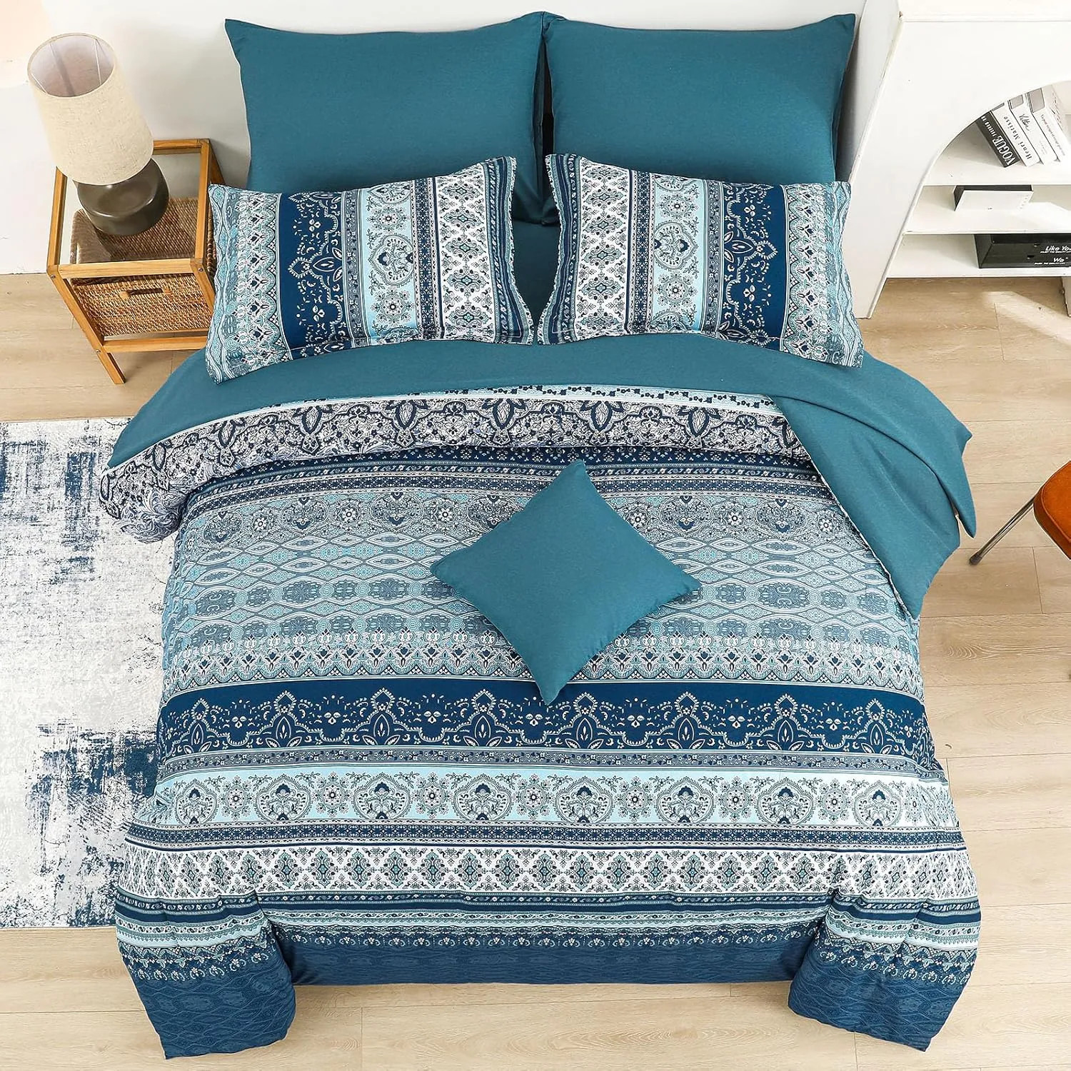 Boho Full Size Comforter Set 8 Pieces, Teal Blue Comforter Bohemian Striped Bed in A Bag, Soft Microfiber Bedding Set for All Seasons