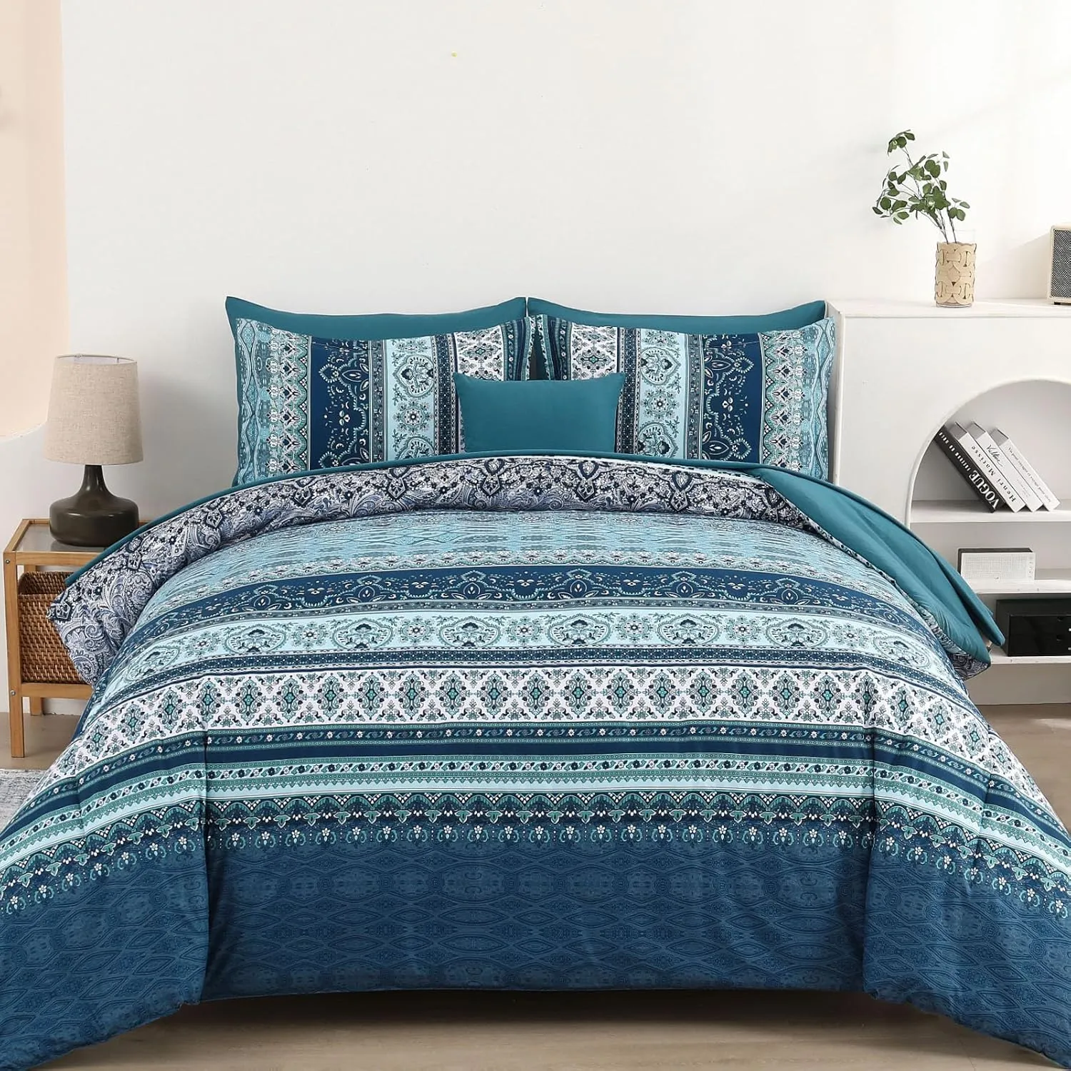 Boho Full Size Comforter Set 8 Pieces, Teal Blue Comforter Bohemian Striped Bed in A Bag, Soft Microfiber Bedding Set for All Seasons