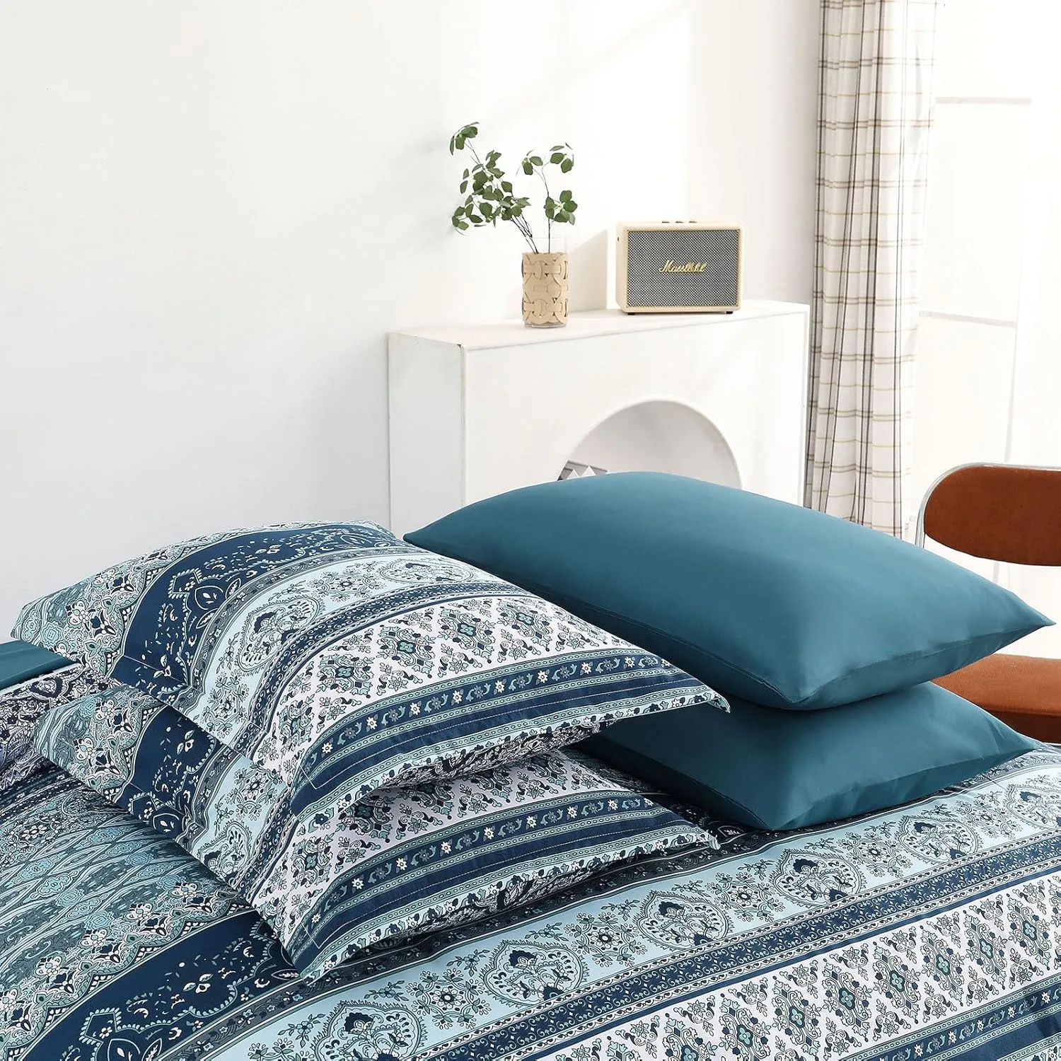 Boho Full Size Comforter Set 8 Pieces, Teal Blue Comforter Bohemian Striped Bed in A Bag, Soft Microfiber Bedding Set for All Seasons