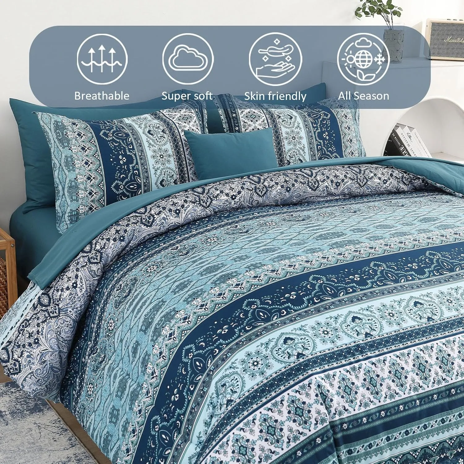 Boho Full Size Comforter Set 8 Pieces, Teal Blue Comforter Bohemian Striped Bed in A Bag, Soft Microfiber Bedding Set for All Seasons