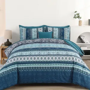 Boho Full Size Comforter Set 8 Pieces, Teal Blue Comforter Bohemian Striped Bed in A Bag, Soft Microfiber Bedding Set for All Seasons