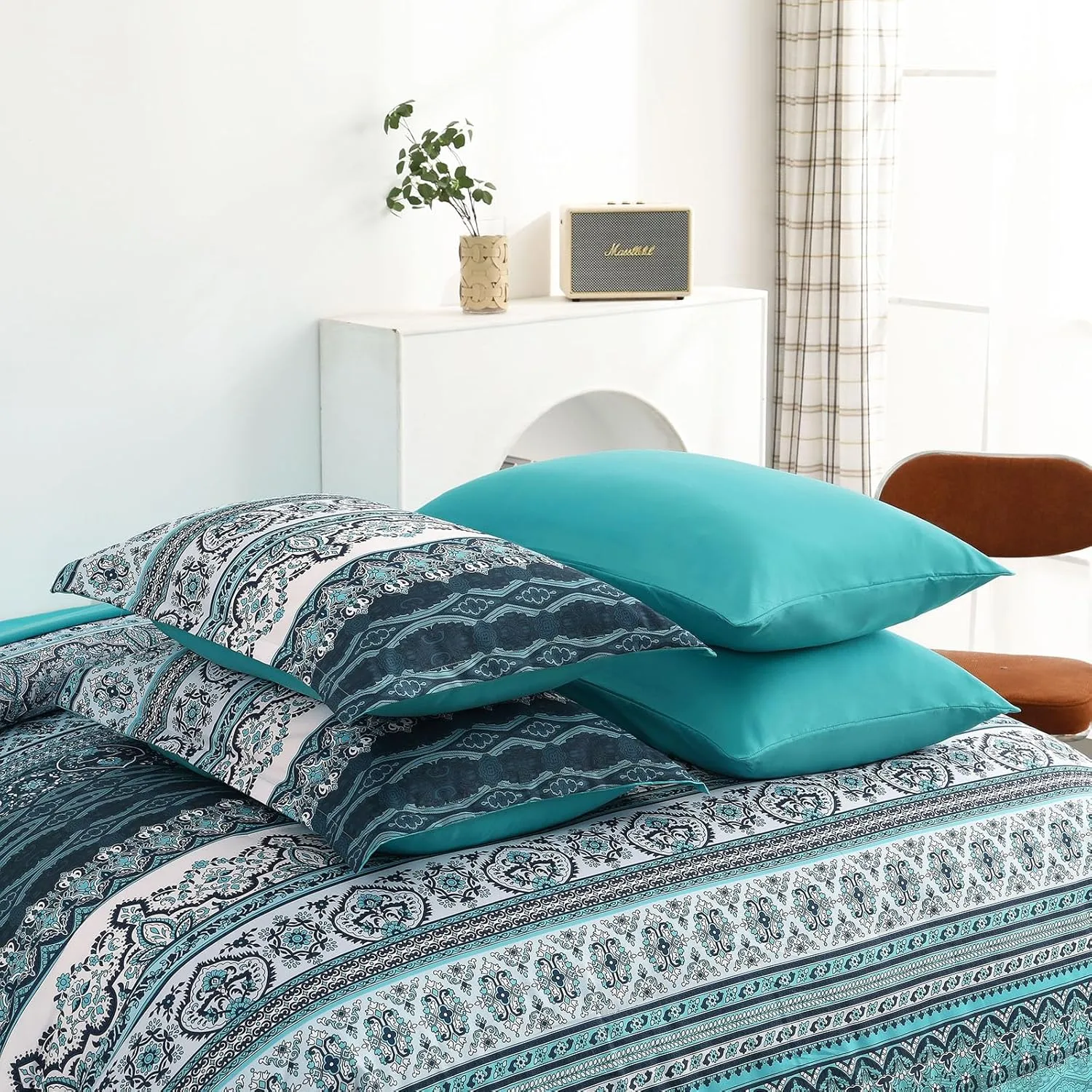 Boho Full Size Comforter Set 8 Pieces, Teal Comforter Bohemian Striped Bed in A Bag, Soft Microfiber Bedding Set for All Seasons