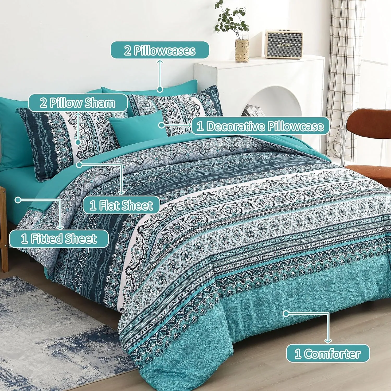 Boho Full Size Comforter Set 8 Pieces, Teal Comforter Bohemian Striped Bed in A Bag, Soft Microfiber Bedding Set for All Seasons