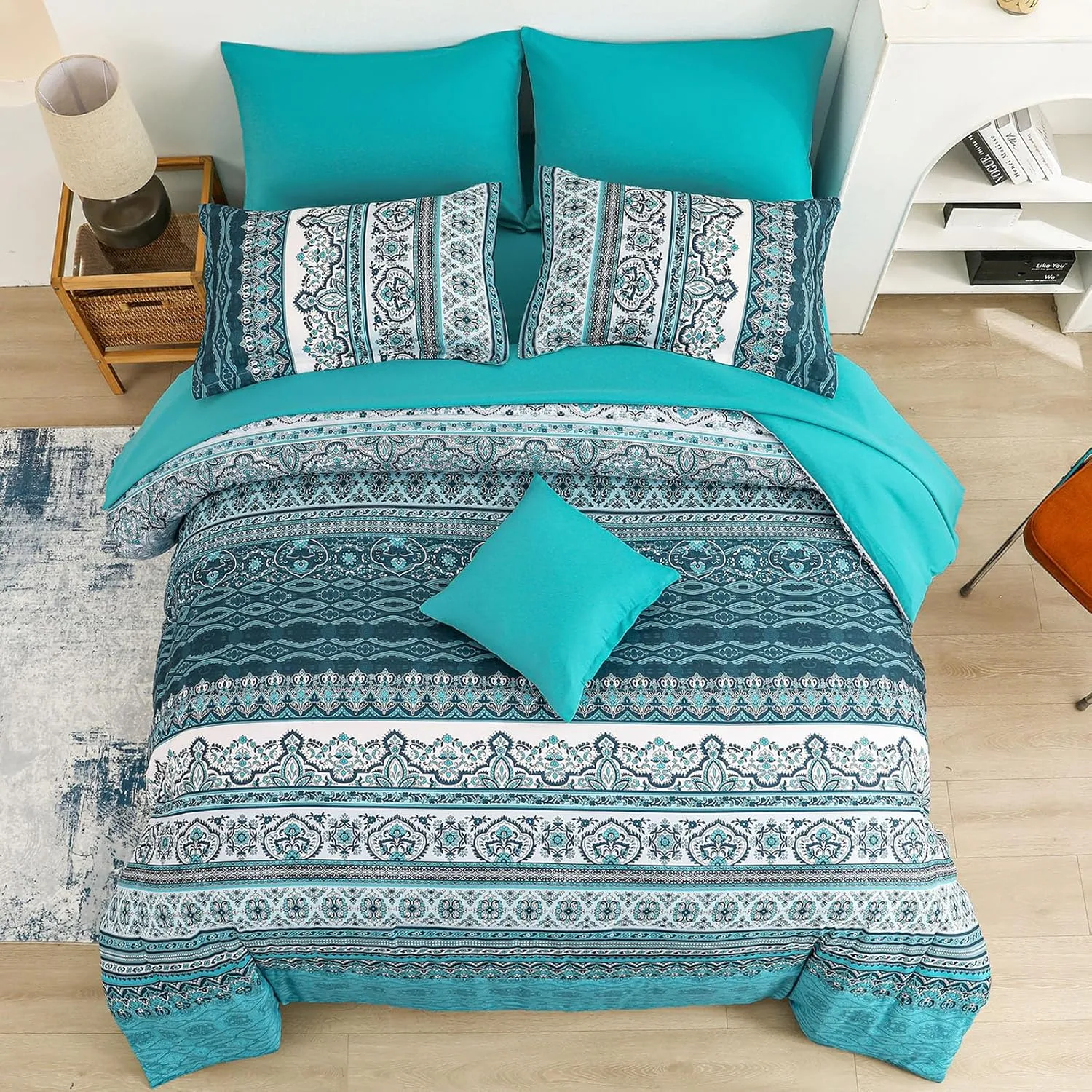 Boho Full Size Comforter Set 8 Pieces, Teal Comforter Bohemian Striped Bed in A Bag, Soft Microfiber Bedding Set for All Seasons