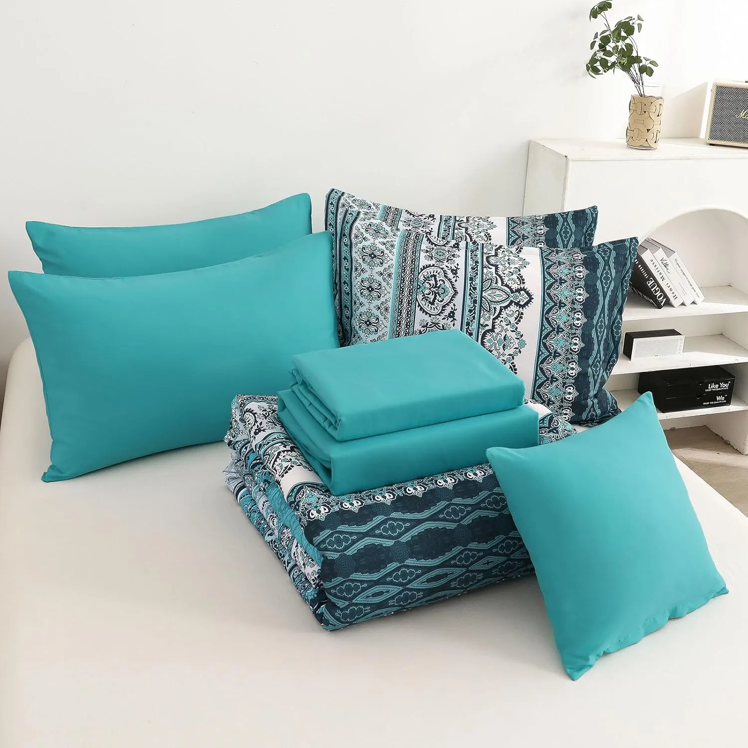 Boho Full Size Comforter Set 8 Pieces, Teal Comforter Bohemian Striped Bed in A Bag, Soft Microfiber Bedding Set for All Seasons