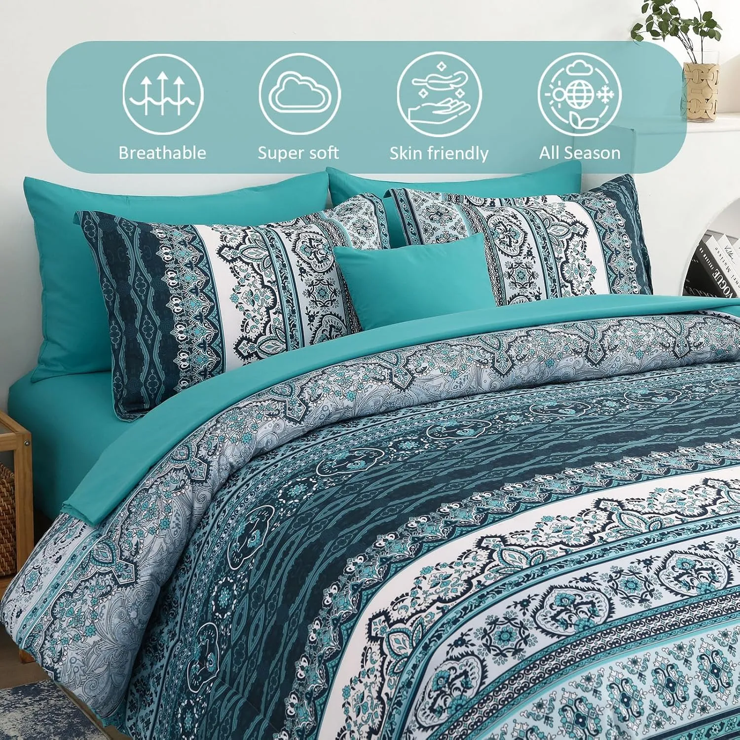 Boho Full Size Comforter Set 8 Pieces, Teal Comforter Bohemian Striped Bed in A Bag, Soft Microfiber Bedding Set for All Seasons