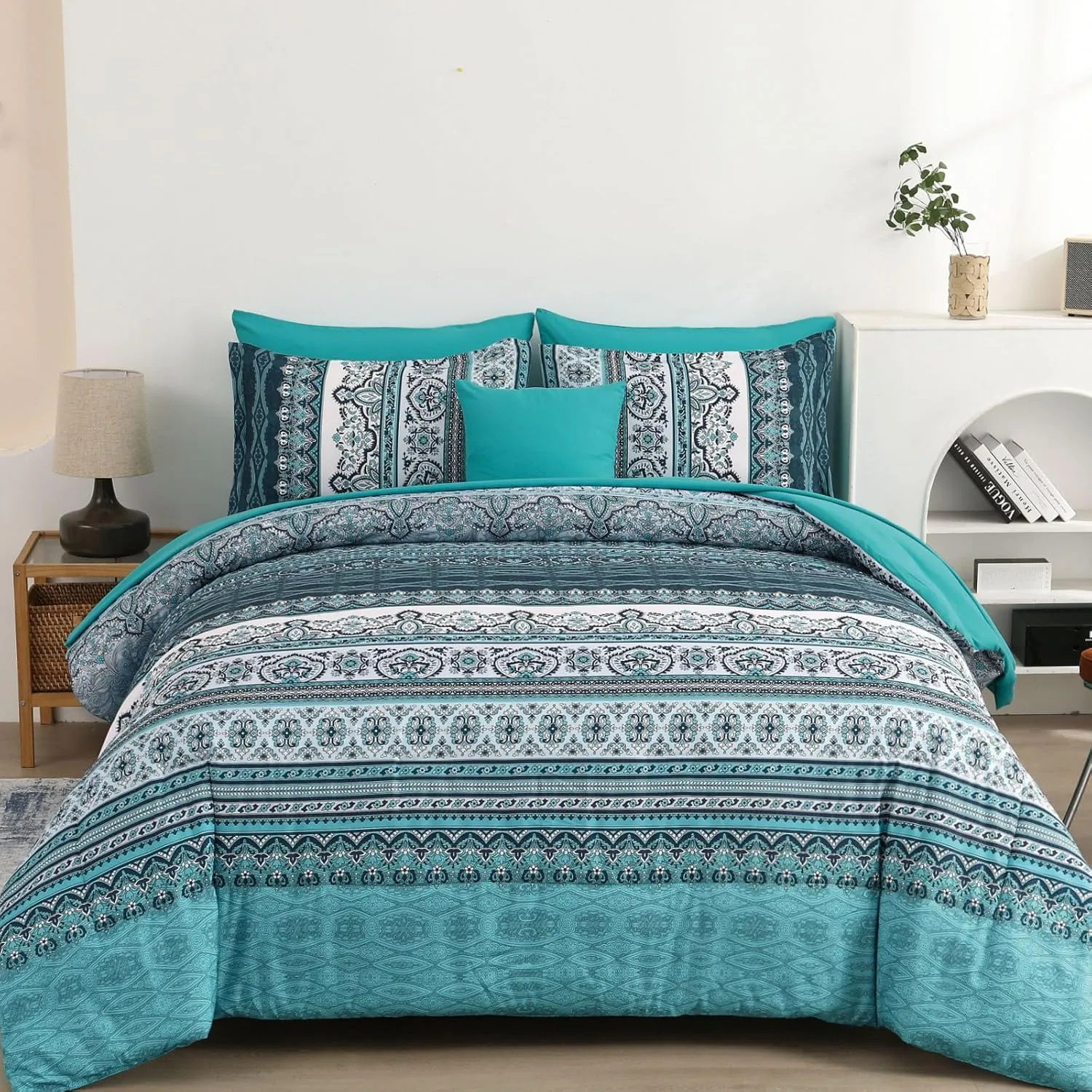 Boho Full Size Comforter Set 8 Pieces, Teal Comforter Bohemian Striped Bed in A Bag, Soft Microfiber Bedding Set for All Seasons