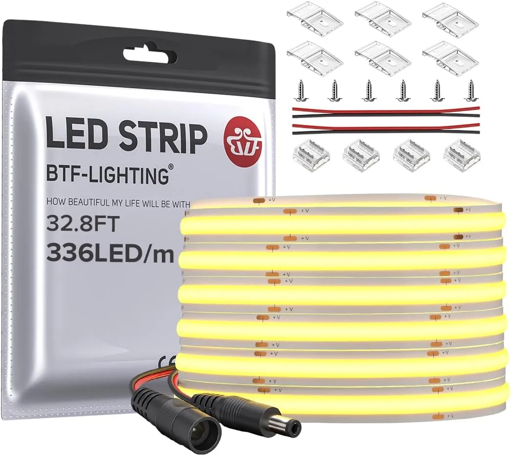 BTF-LIGHTING FCOB COB LED Strip Flexible High Density Uniform Light 8W/m 32.8FT DC24V Warm White 3000K CRI 90  8mm Width LED Ribbon for for Bedroom Indoor Decor(No Adapter or Controller)