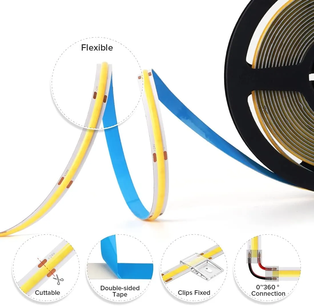 BTF-LIGHTING FCOB COB LED Strip Flexible High Density Uniform Light 8W/m 32.8FT DC24V Warm White 3000K CRI 90  8mm Width LED Ribbon for for Bedroom Indoor Decor(No Adapter or Controller)