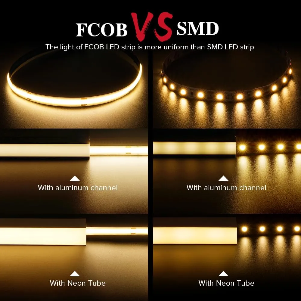 BTF-LIGHTING FCOB COB LED Strip Flexible High Density Uniform Light 8W/m 32.8FT DC24V Warm White 3000K CRI 90  8mm Width LED Ribbon for for Bedroom Indoor Decor(No Adapter or Controller)