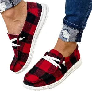 Buffalo Plaid Slip On Shoes,Flat Sole Lace up Casual Canvas Shoes for Women Christmas Casual Sneaker Ladies Driving Loafers (Red,9)
