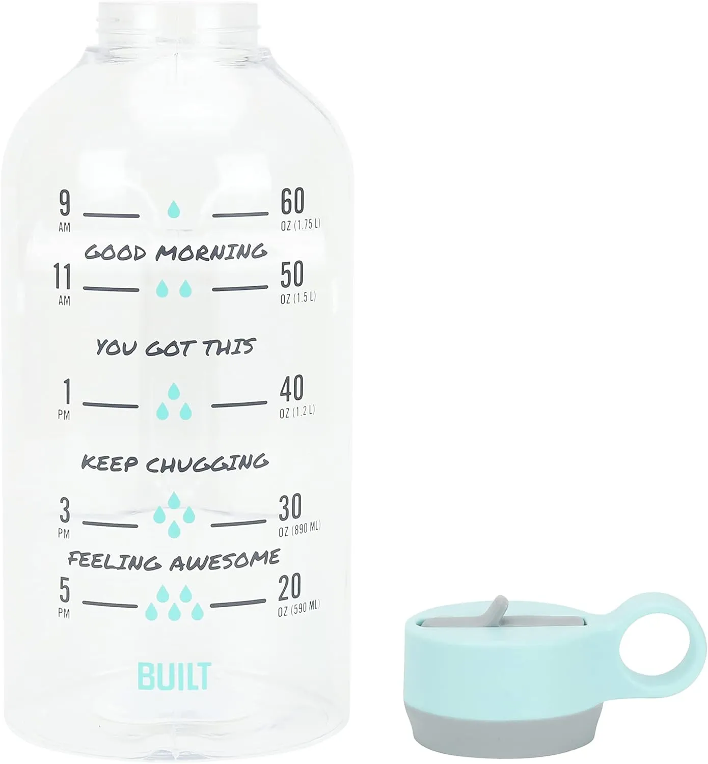 BUILT 74 Ounces Tritan Cascade Motivational Bottle with Straw Lid Wide Mouth, Break Resistant, Time Marker, Leakproof, Mint
