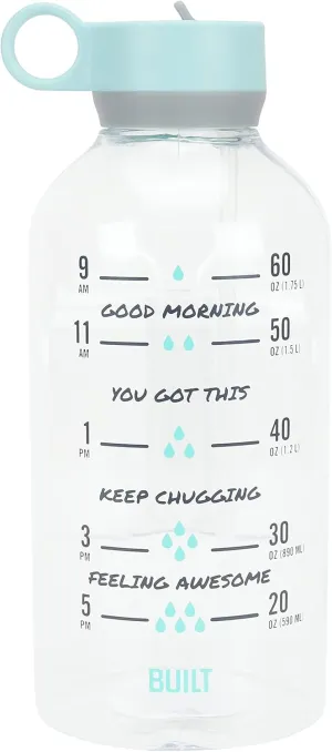 BUILT 74 Ounces Tritan Cascade Motivational Bottle with Straw Lid Wide Mouth, Break Resistant, Time Marker, Leakproof, Mint