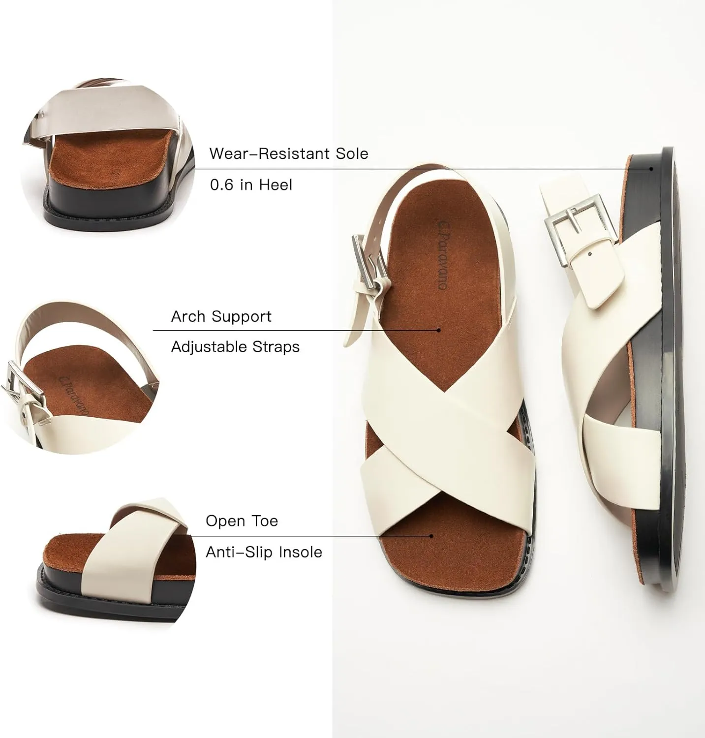 C. Paravano Women Sandals,Comfortable Dressy Flat Slides Summer Sandals with Arch Support for Walking Beach Casual Adjustable Buckle Slip-Ons Fashion Shoes
