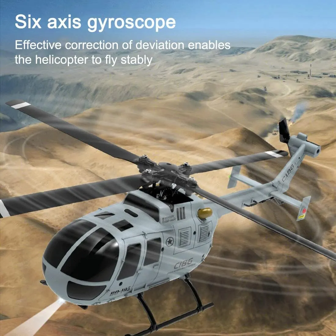 C186 BO105 RC ERA Helicopter for Adult, 2.4G 4CH Single-Rotor No Ailerons Military Helicopter Model with Altitude Hold & One Key Take Off/Landing (RTF/Grey)