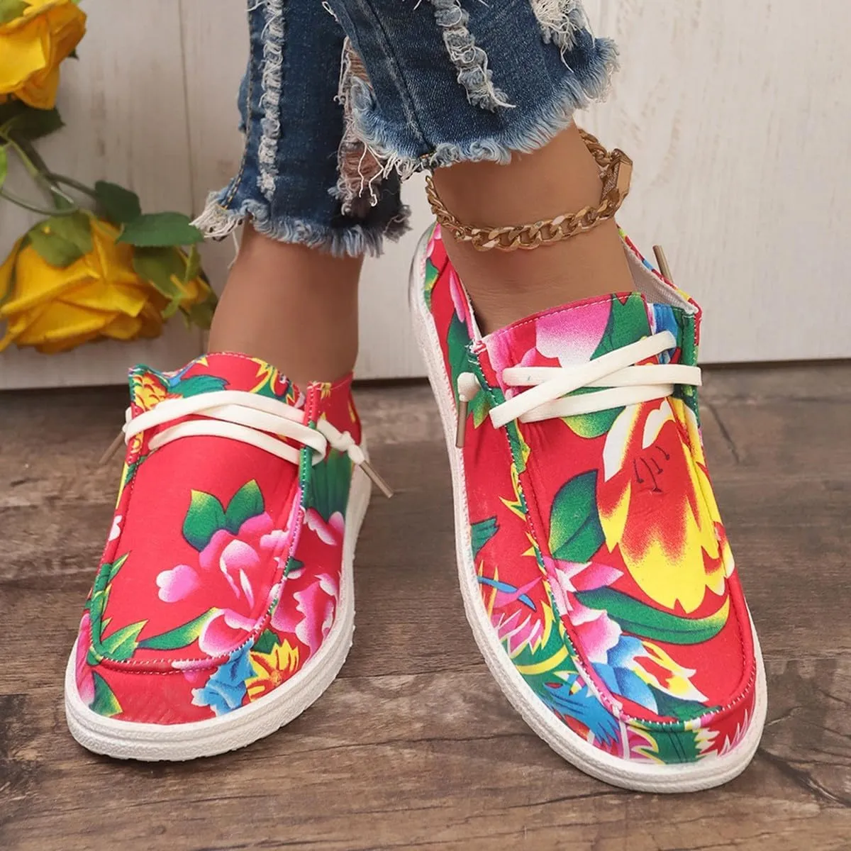 Canvas Sneakers for Women Slip-Ons Flats Ladies Loafers Men Comfort Lace Up Loafers Shoes Foam Flat Shoes Lace-Up Slip On Women Comfortable Print Sneakers