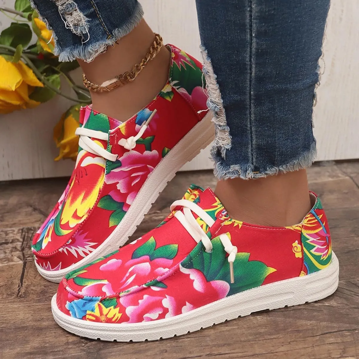 Canvas Sneakers for Women Slip-Ons Flats Ladies Loafers Men Comfort Lace Up Loafers Shoes Foam Flat Shoes Lace-Up Slip On Women Comfortable Print Sneakers