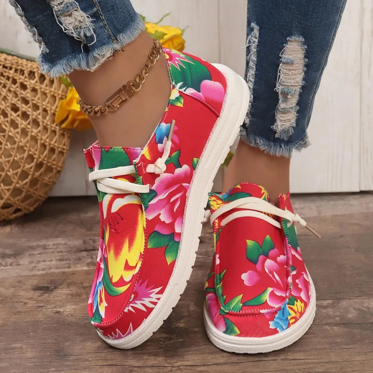 Canvas Sneakers for Women Slip-Ons Flats Ladies Loafers Men Comfort Lace Up Loafers Shoes Foam Flat Shoes Lace-Up Slip On Women Comfortable Print Sneakers