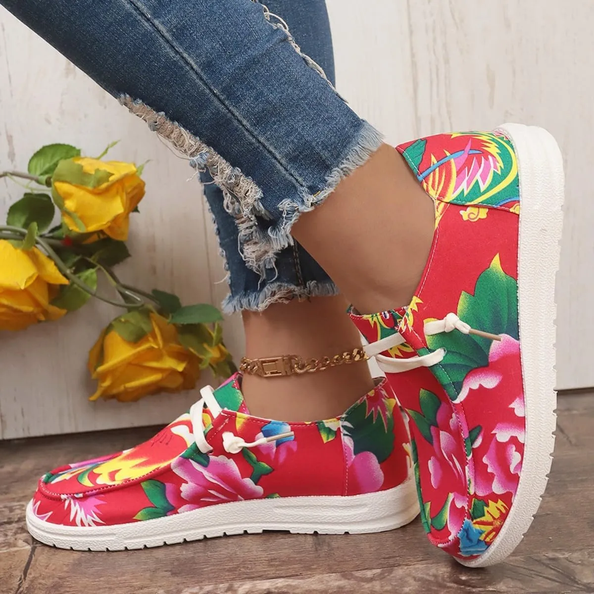 Canvas Sneakers for Women Slip-Ons Flats Ladies Loafers Men Comfort Lace Up Loafers Shoes Foam Flat Shoes Lace-Up Slip On Women Comfortable Print Sneakers