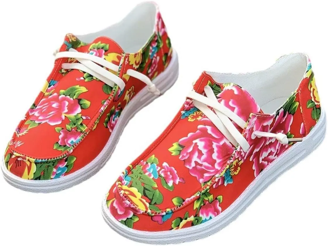 Canvas Sneakers for Women Slip-Ons Flats Ladies Loafers Men Comfort Lace Up Loafers Shoes Foam Flat Shoes Lace-Up Slip On Women Comfortable Print Sneakers