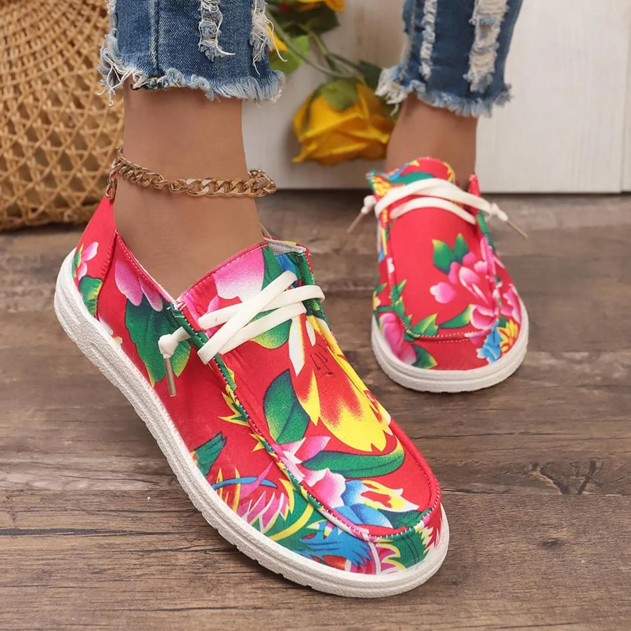Canvas Sneakers for Women Slip-Ons Flats Ladies Loafers Men Comfort Lace Up Loafers Shoes Foam Flat Shoes Lace-Up Slip On Women Comfortable Print Sneakers