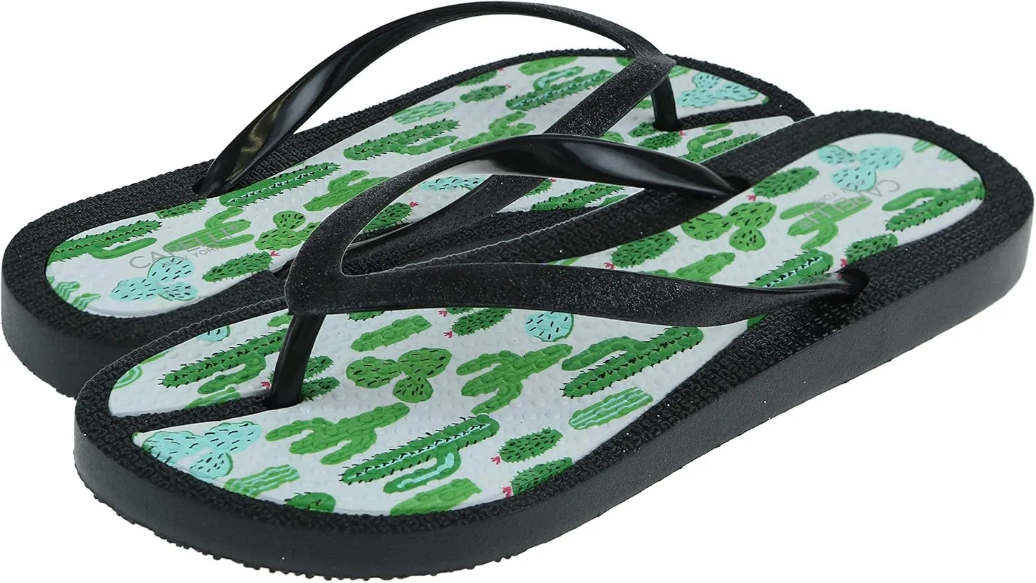 Capelli New York Women's Mini Cactus Printed Textured Molded Injected Flip Flop Black 9