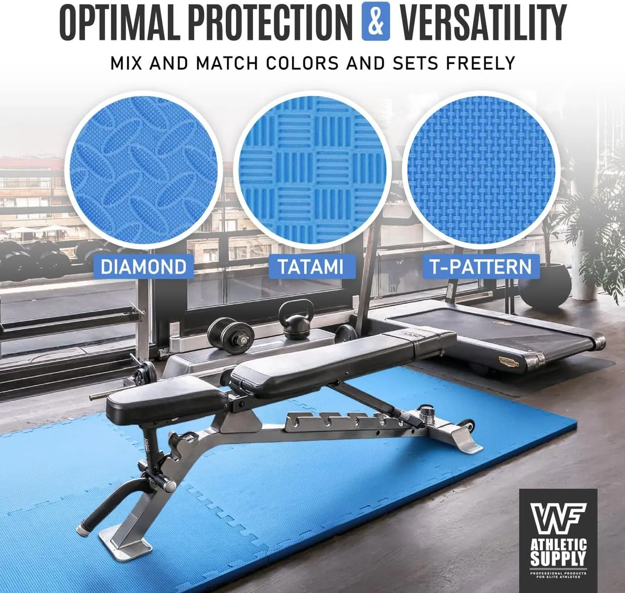 CAPHAUS Interlocking Exercise Foam Mats, Diamond, Tatami, T Pattern 1-Inch Thickness Gym Flooring Tiles, Extra Thick Eva Foam Fitness Equipment Mat & Home Protective Flooring Cushion, Black & Blue