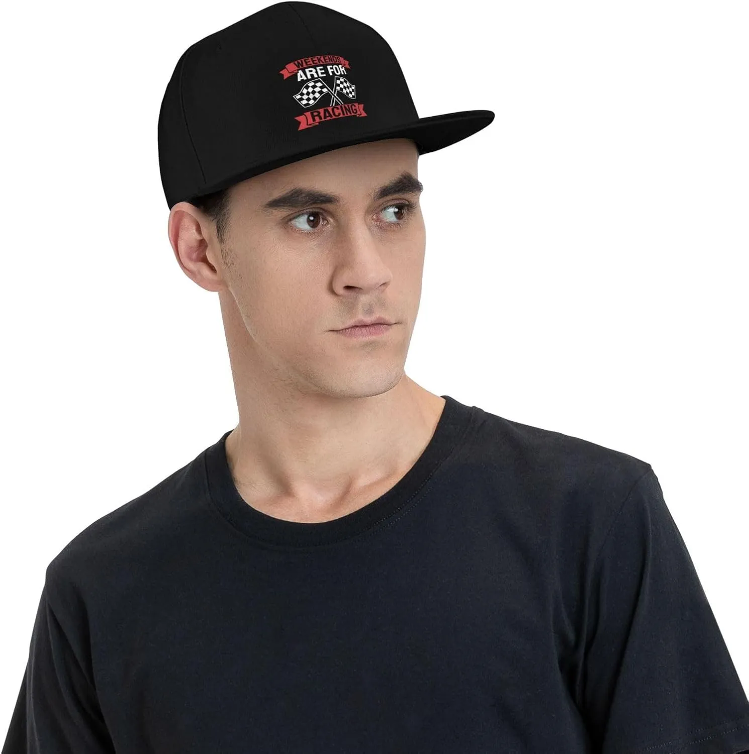 Car Race Bike Racing Racer Flat Brim Baseball Cap,Classic Snapback Hat Adjustable Trucker Hat for Men & Women,Black