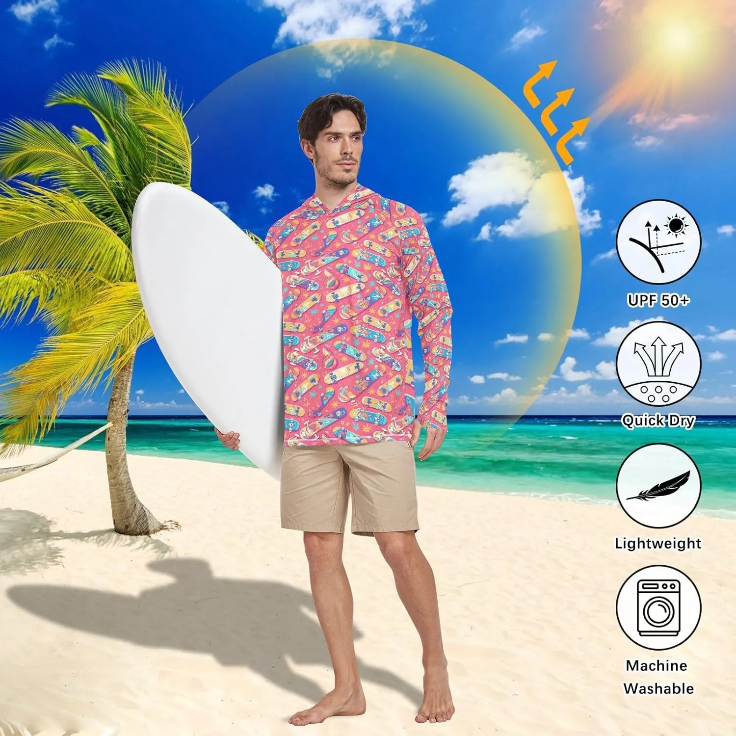 Cartoon Graffiti Men's Sun Protection Hoodie Long Sleeve UPF 50   Mens Sun Shirts Active Wear Rash Guard Hooded