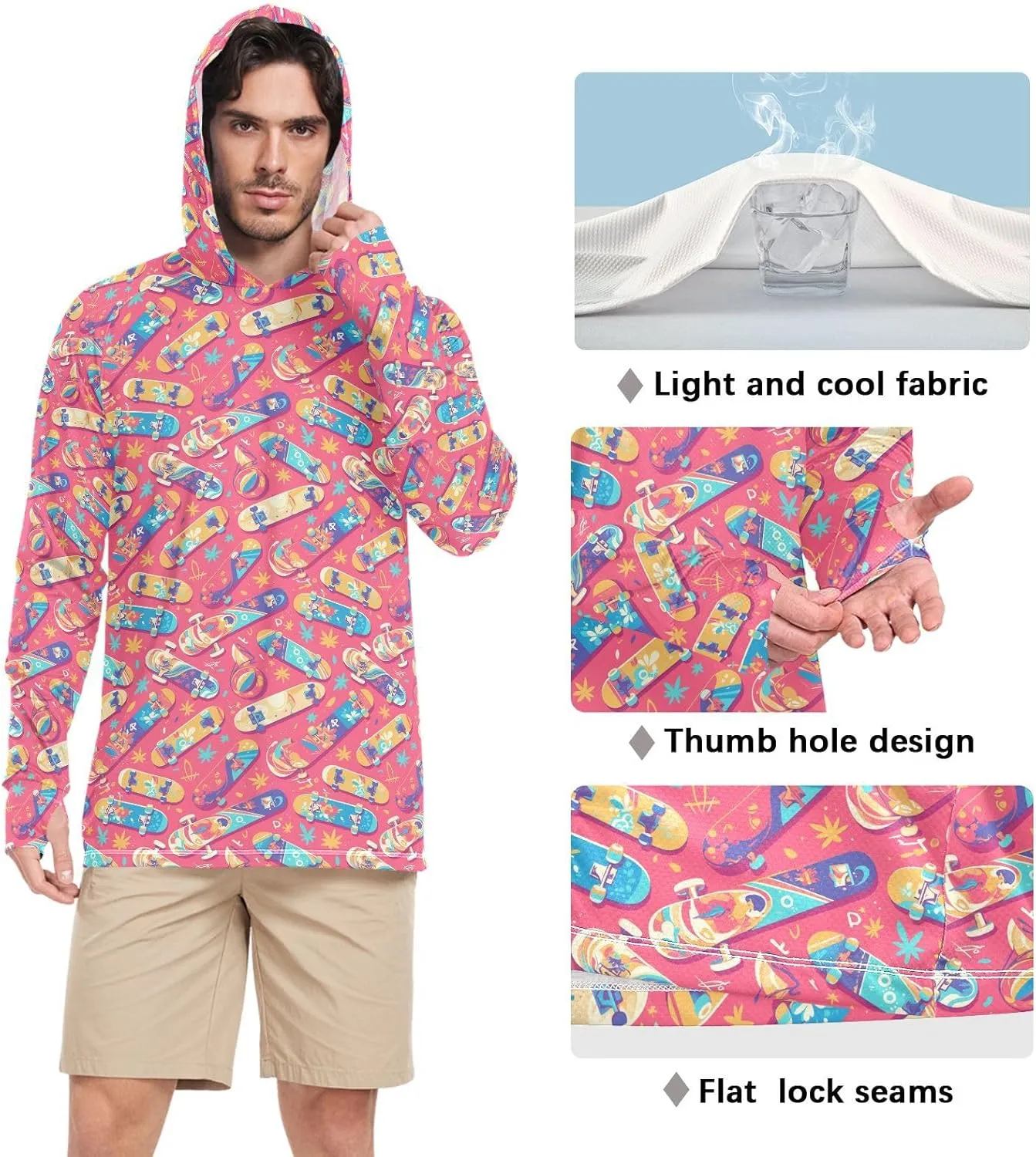 Cartoon Graffiti Men's Sun Protection Hoodie Long Sleeve UPF 50   Mens Sun Shirts Active Wear Rash Guard Hooded