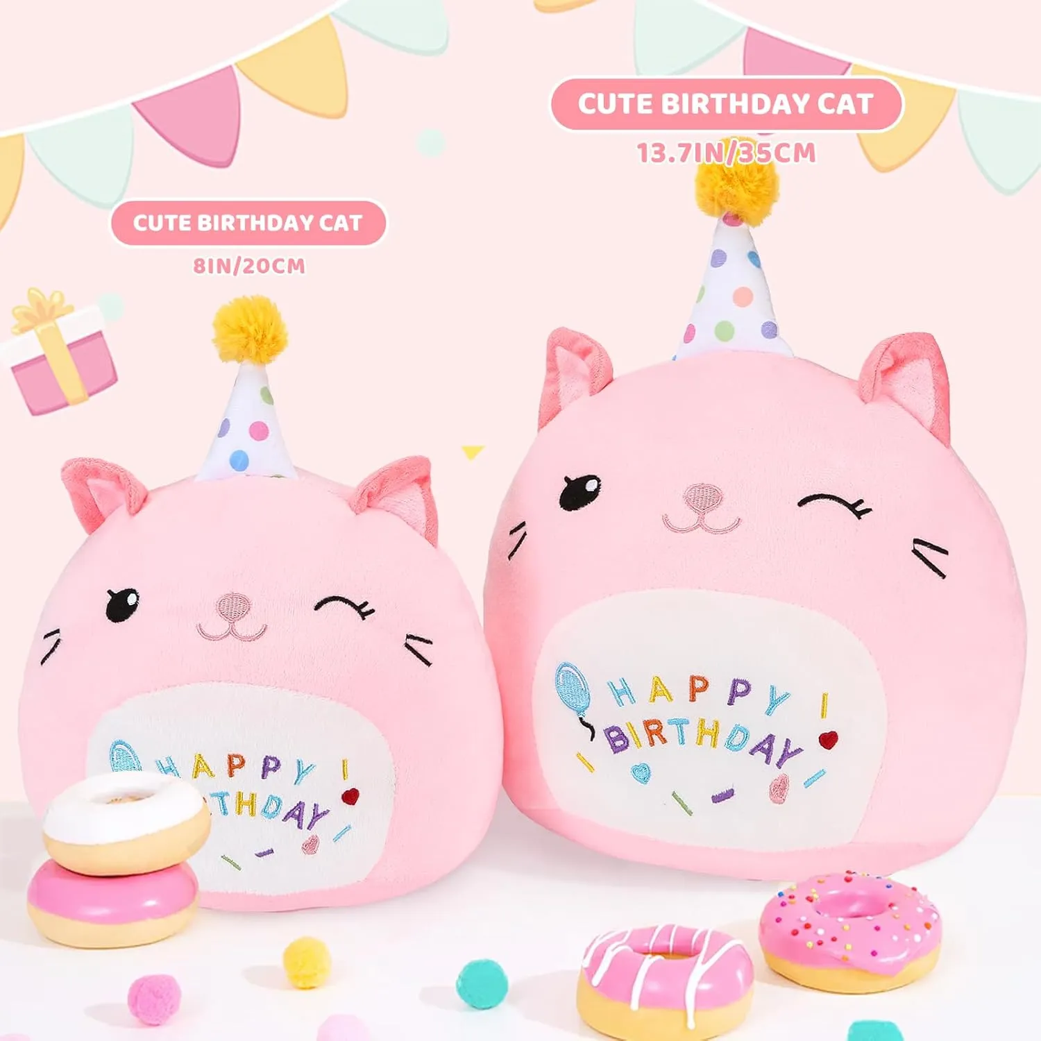 Cat Plush Toy Birthday Decor Pink Cat Plushies Pillow Cat Stuffed Animal Soft Plushie Gifts for Girlfriend Kids Girls Boys 13.7”(Large Cat Plush)
