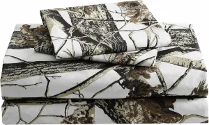 Chezmoi Collection Salem 4-Piece Cabin Lodge Forest Woods Sheet Set - Nature Camo Tree Leaves Printed Soft Microfiber Sheets - Queen, White