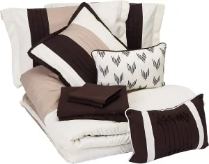 Chic Home Beige Bed in a Bag Comforter Set, Queen Size (10 Pieces), Ayelet - Color Block Stripe Premium Microfiber Bedding - Comforter, Flat & Fitted Sheets, Shams, Pillowcases & Decorative Pillows