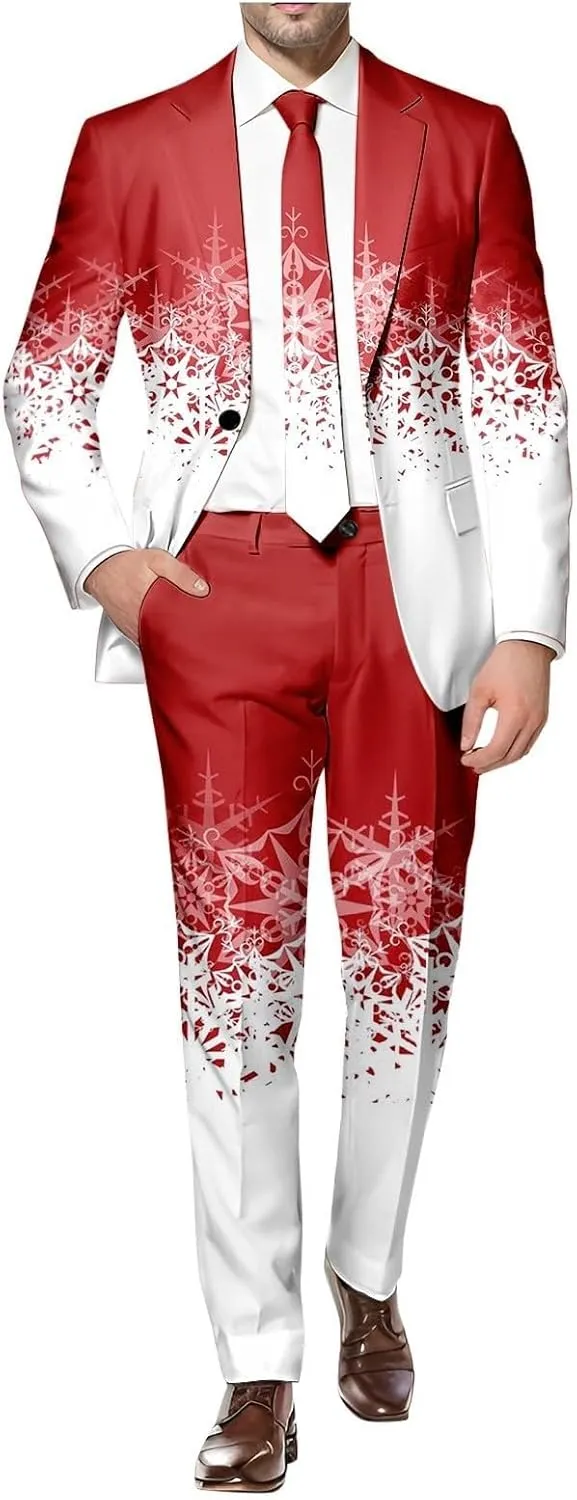 Christmas Suit for Men 2 Piece trajes navideños para Hombre Funny Snowflake Print Holiday Party Suits Festive Outfits