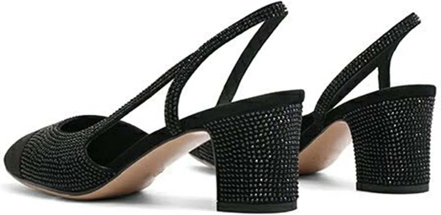 CKSNDLF Women Slingback Pumps Chunky High Heels Splicing Round Toe Comfortable Casual Wedding Shoes for Women Dress Shoes