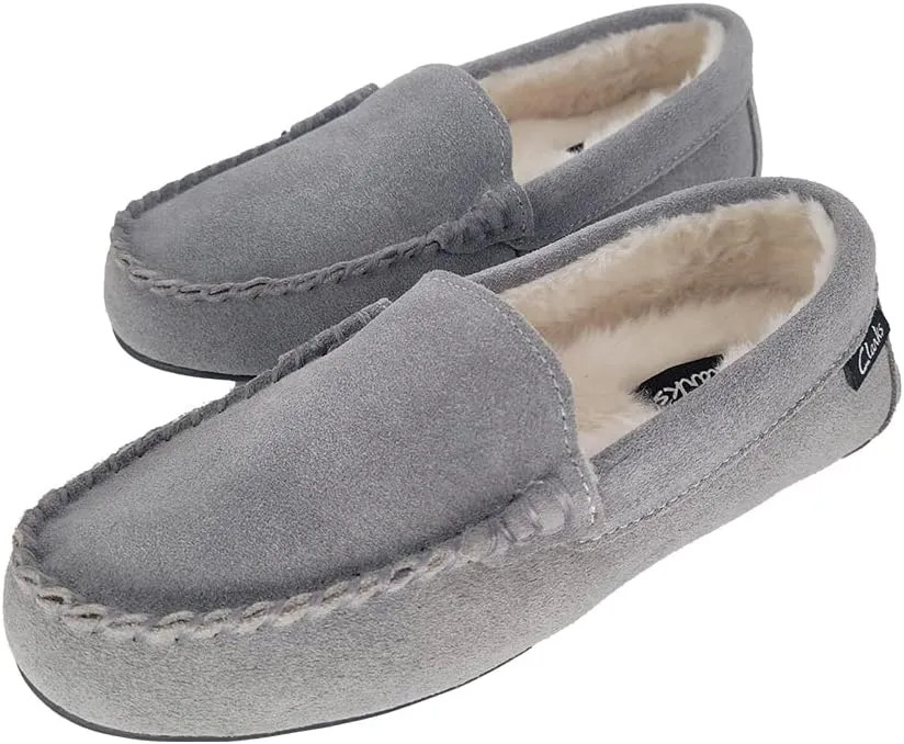 Clarks Women's Venetian Moccasin Slippers, LB0285 Suede IndoorOutdoor Close Back SlipOns with Faux Fur Lining & Gripped TPR Outsole Ladies Cozy Loafers for Driving Lounging & More, Pewter, 8.5