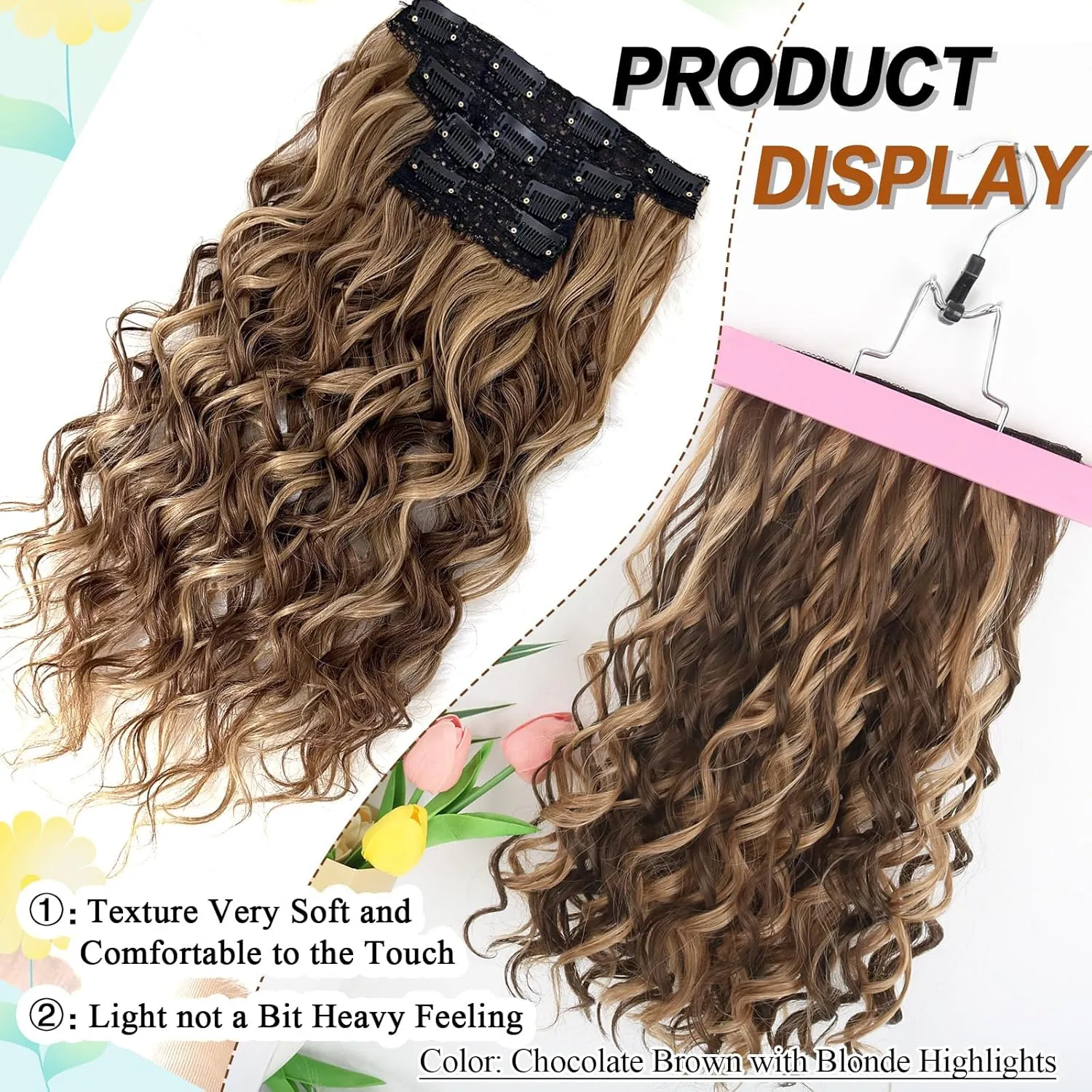 Clip in Hair Extensions,LEOSA 4PCS 16 inch Curly Hair Extensions Short Soft Natural Hairpiece Lace Weft Curly Wave Clip Ins Extensions Invisible for Women,Chocolate Brown with Blonde Highlights