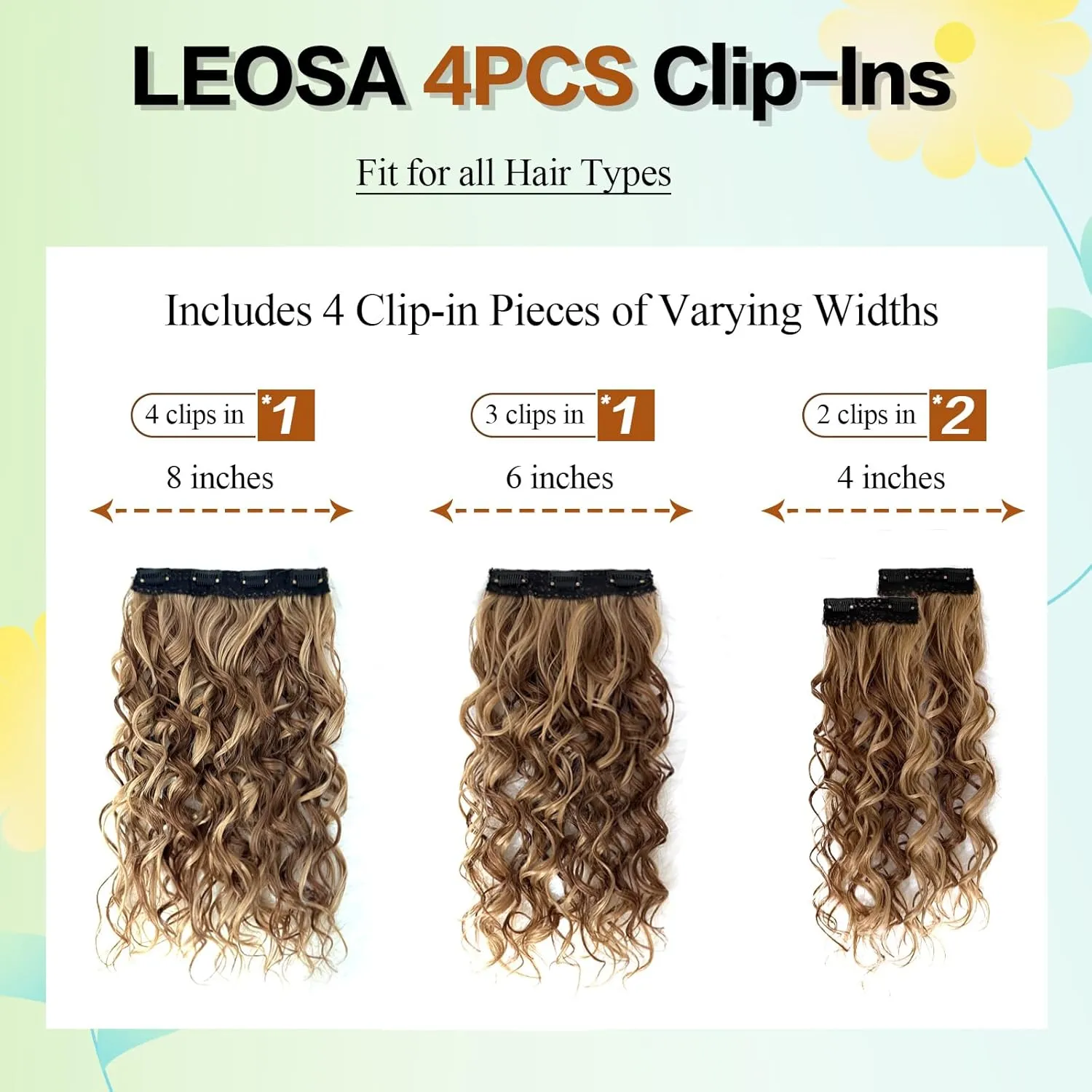 Clip in Hair Extensions,LEOSA 4PCS 16 inch Curly Hair Extensions Short Soft Natural Hairpiece Lace Weft Curly Wave Clip Ins Extensions Invisible for Women,Chocolate Brown with Blonde Highlights