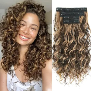 Clip in Hair Extensions,LEOSA 4PCS 16 inch Curly Hair Extensions Short Soft Natural Hairpiece Lace Weft Curly Wave Clip Ins Extensions Invisible for Women,Chocolate Brown with Blonde Highlights