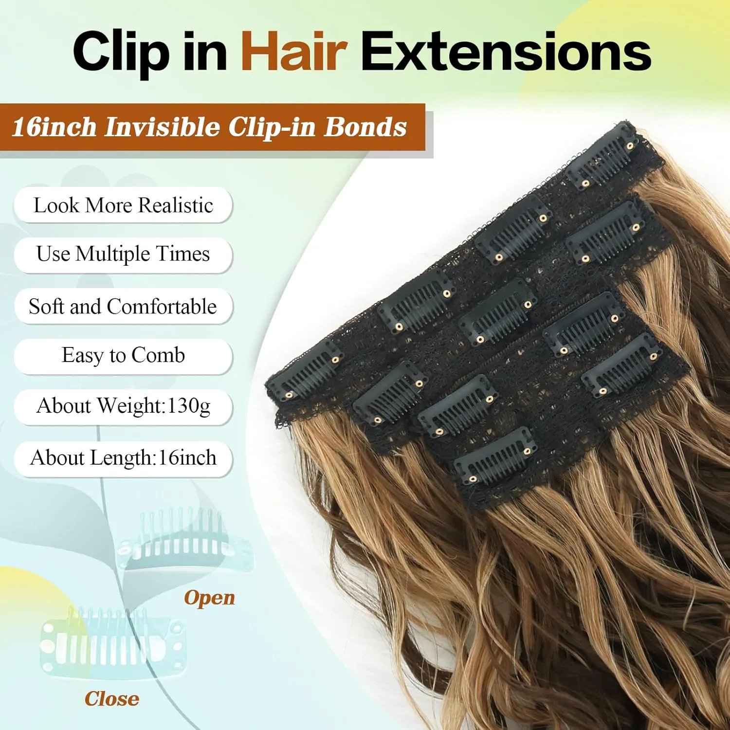 Clip in Hair Extensions,LEOSA 4PCS 16 inch Curly Hair Extensions Short Soft Natural Hairpiece Lace Weft Curly Wave Clip Ins Extensions Invisible for Women,Chocolate Brown with Blonde Highlights