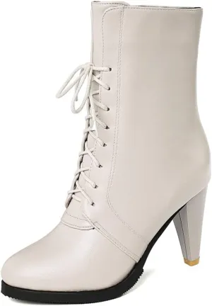 CoceMoce Classic Stacked Cone High Heel Boots for Women Closed Round Toe Lace Up Booties Autumn Winter Fur Lining Dress Shoes Party Working Office Dating Prom