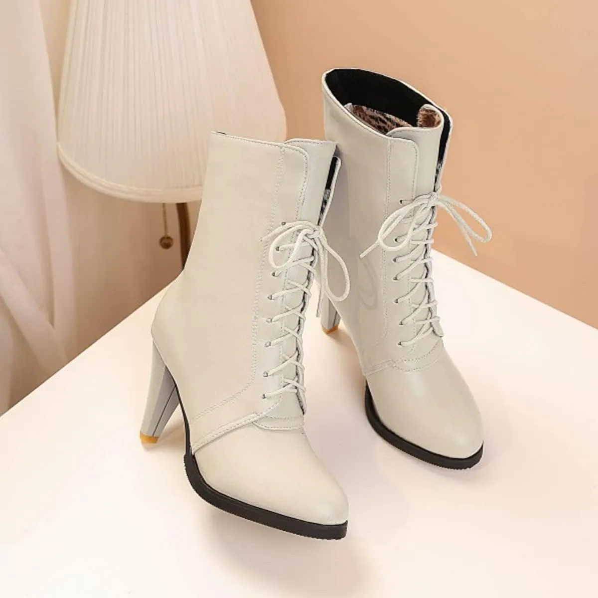 CoceMoce Classic Stacked Cone High Heel Boots for Women Closed Round Toe Lace Up Booties Autumn Winter Fur Lining Dress Shoes Party Working Office Dating Prom