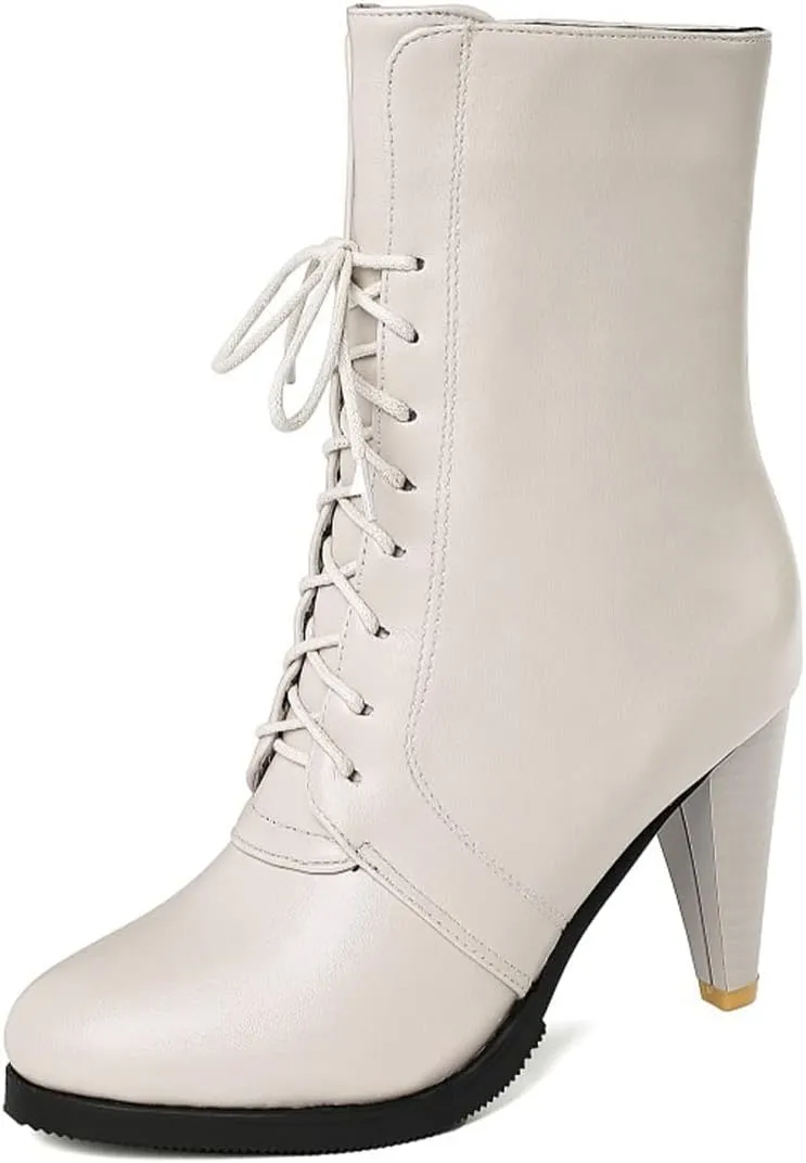 CoceMoce Classic Stacked Cone High Heel Boots for Women Closed Round Toe Lace Up Booties Autumn Winter Fur Lining Dress Shoes Party Working Office Dating Prom